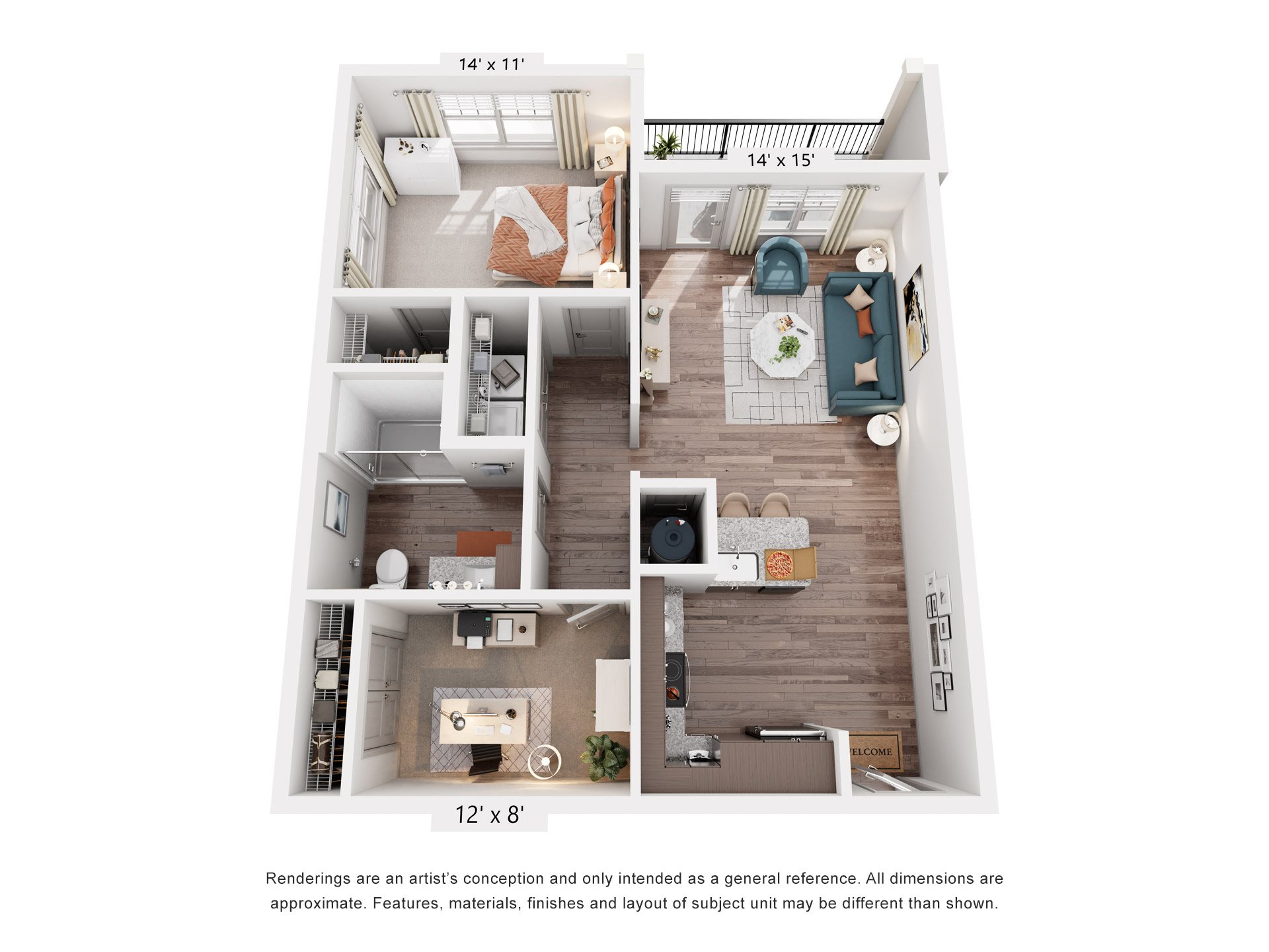 Floor plan for 1 bed, 1 bath, 902 sqft